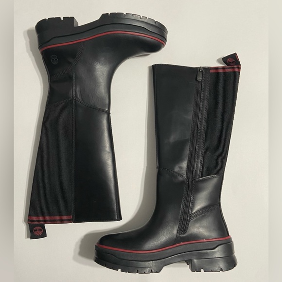 Timberland Tall Boot Waterproof Side Zip Malynn Black Red leather NEW womens 6 - Picture 1 of 10